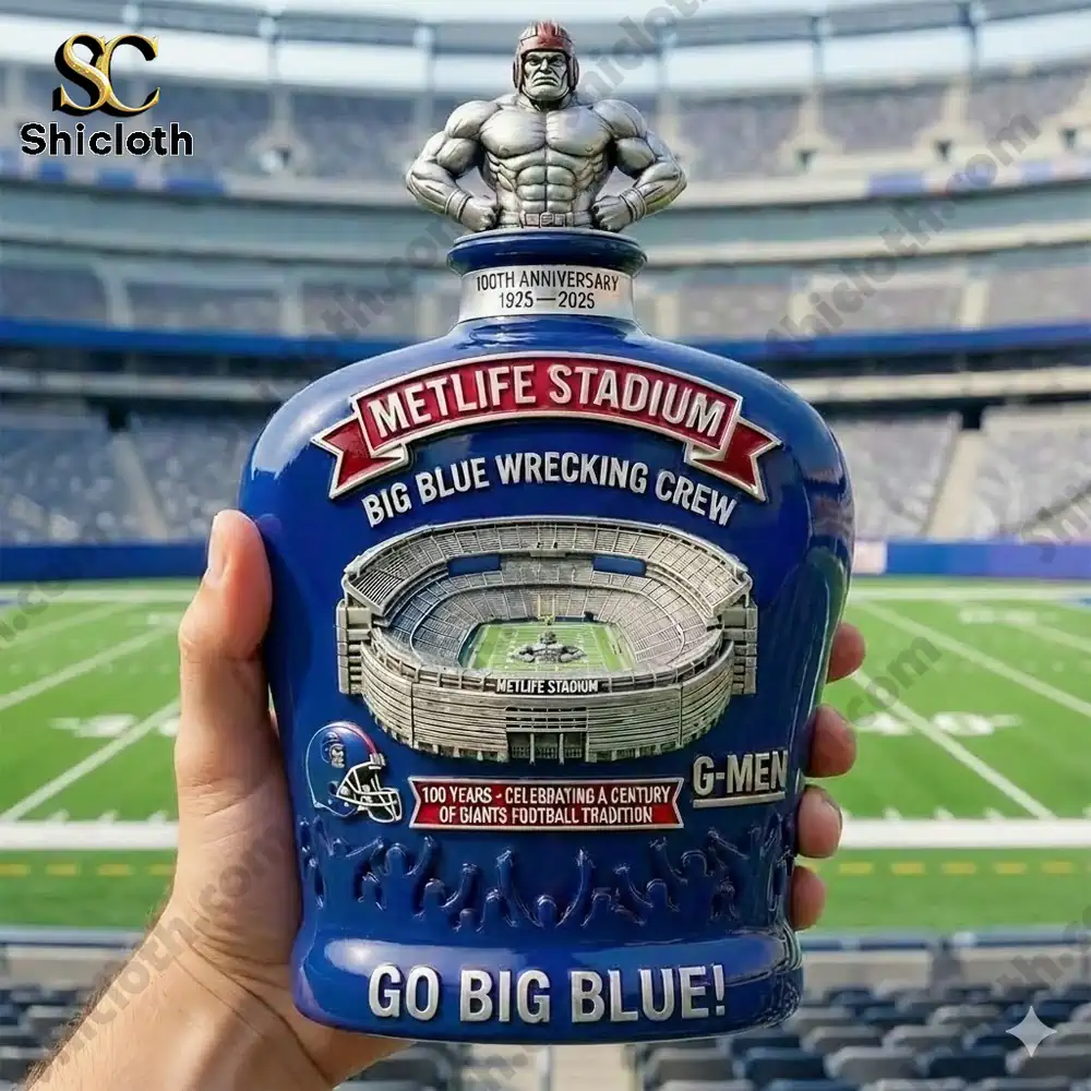 Blue Metlife Stadium Giants commemorative whiskey bottle held in stadium!