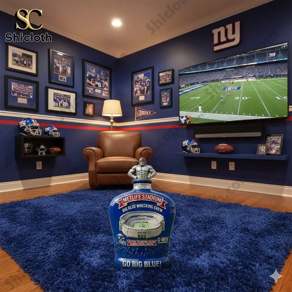 Metlife Stadium Giants whiskey bottle displayed in fan themed room!