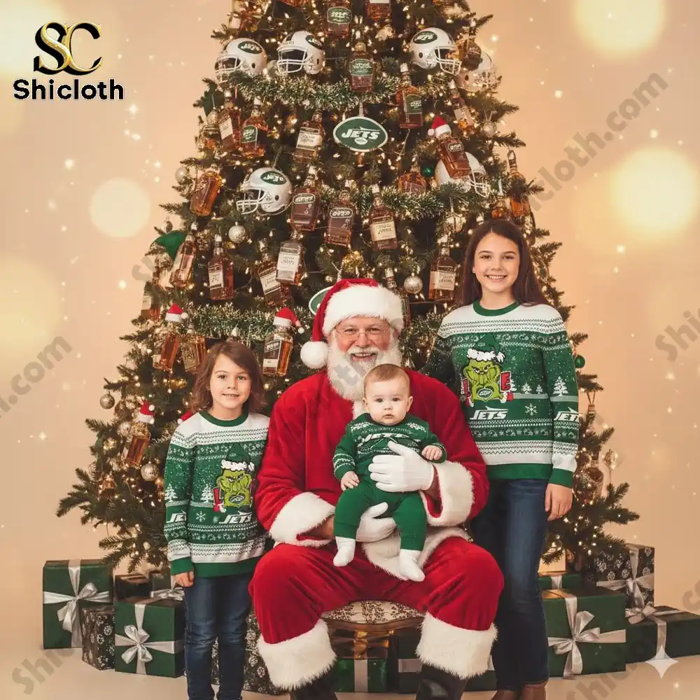 New York Jets The Grinch wearing a Santa Claus hat Ugly Christmas Sweaters