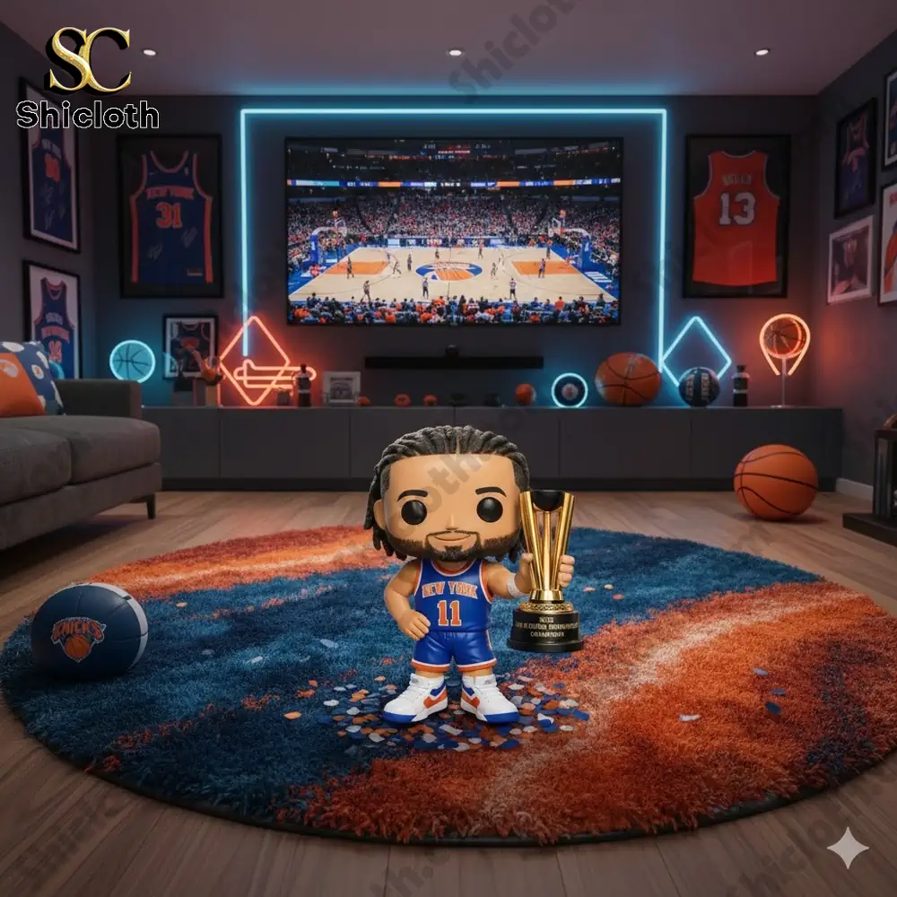 A small toy basketball player in a New York jersey holding a gold trophy in a modern room with Knicks decor.
