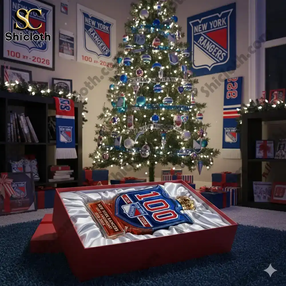 Decorative New York Rangers 100th anniversary bottle displayed in a Christmas themed room.
