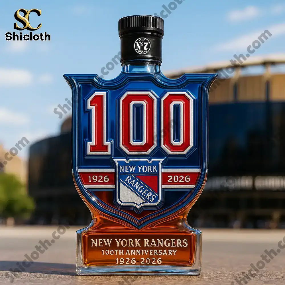 New York Rangers 100th Anniversary 1926-2026 Christmas Gift Whiskey Bottle 3 New York Rangers 100th anniversary bottle with a black Old No 7 style cap.
