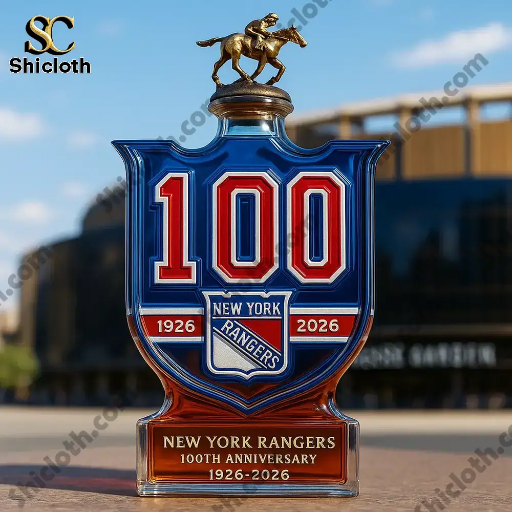 New York Rangers 100th Anniversary 1926-2026 Christmas Gift Whiskey Bottle 4 New York Rangers 100th anniversary bottle with a horse statue on top.