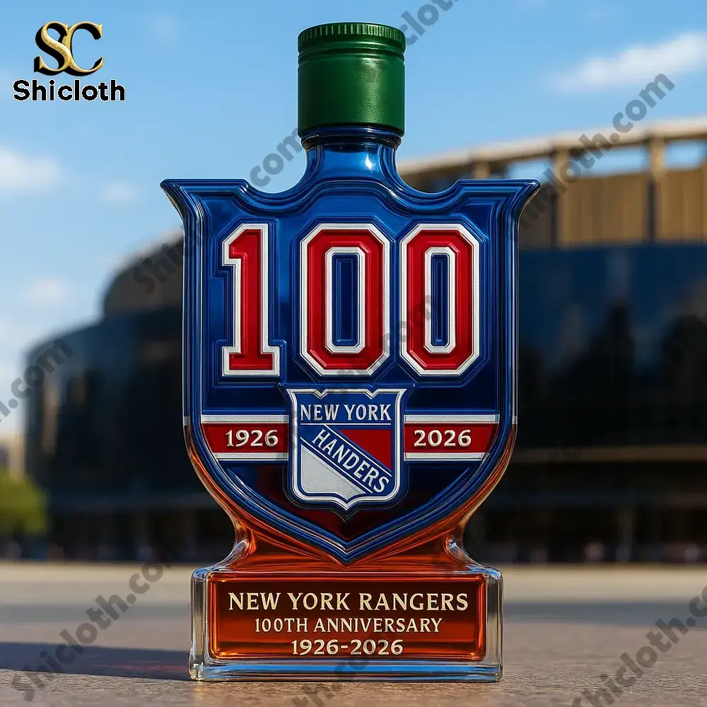 New York Rangers 100th Anniversary 1926-2026 Christmas Gift Whiskey Bottle 5 New York Rangers 100th anniversary bottle with a green cap.