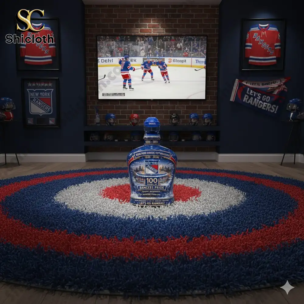 New York Rangers anniversary bottle in home hockey room!