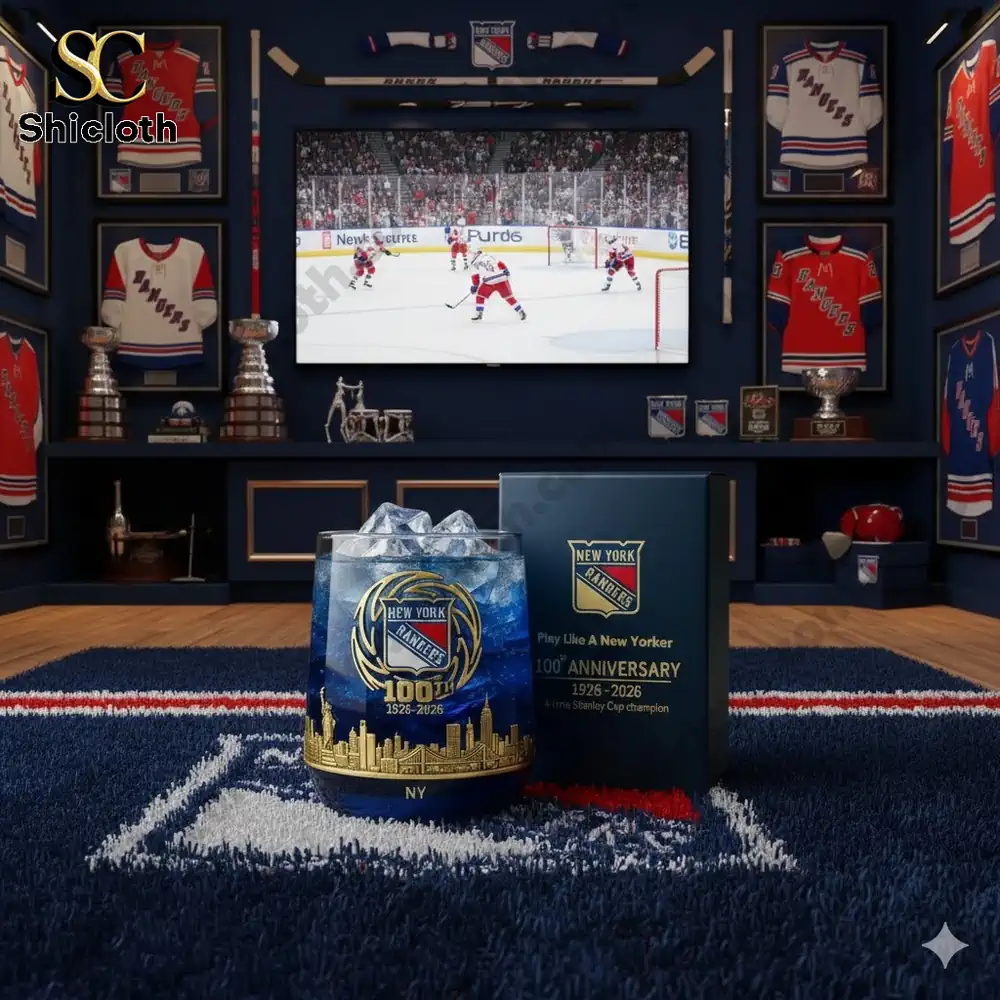 New York Rangers anniversary glass in fan display room!