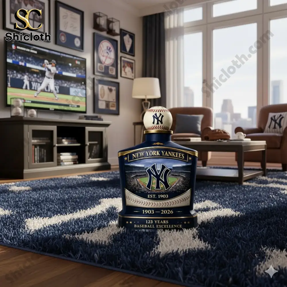 New York Yankees collector bottle displayed in a modern living room!