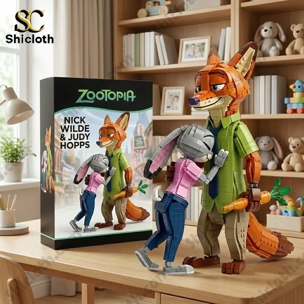 Brick style fox and bunny characters hugging beside product box in cozy room.