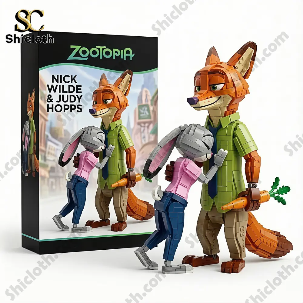 Brick fox and bunny figures hugging next to themed product box.