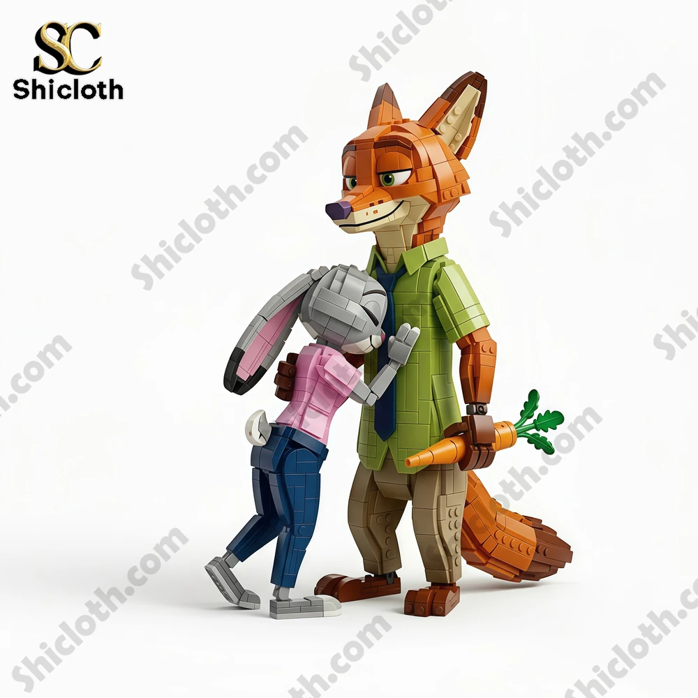 Nick & Judy Collector Brick Set 3 Brick fox holding carrot while bunny hugs in close pose.