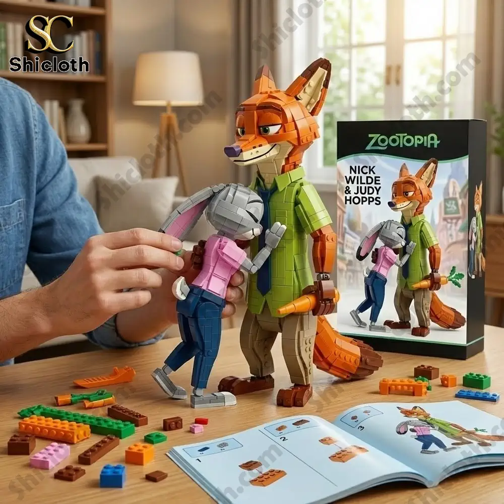 Nick & Judy Collector Brick Set 4 A person assembling a brick build set of Nick Wilde and Judy Hopps from Zootopia with a box and instruction manual on a wooden table.