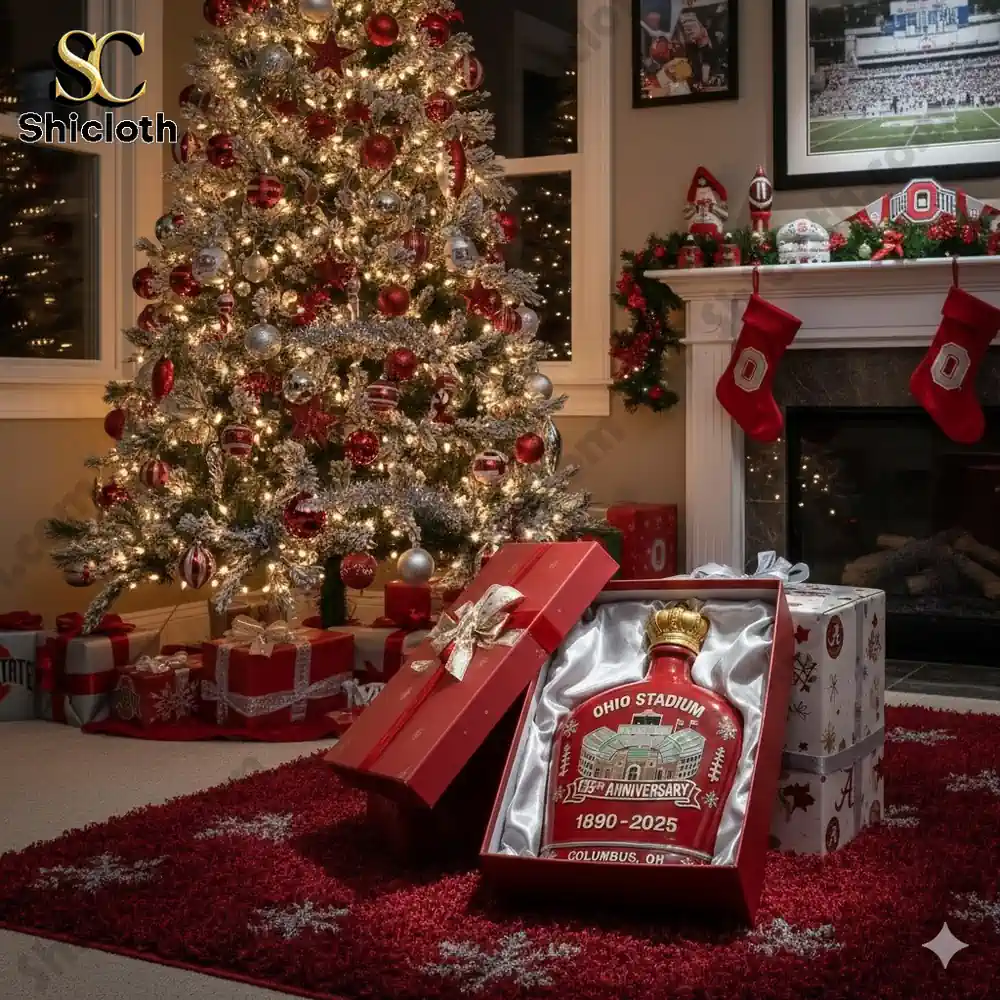 Christmas scene with Ohio Stadium 135th Anniversary bottle in a gift box