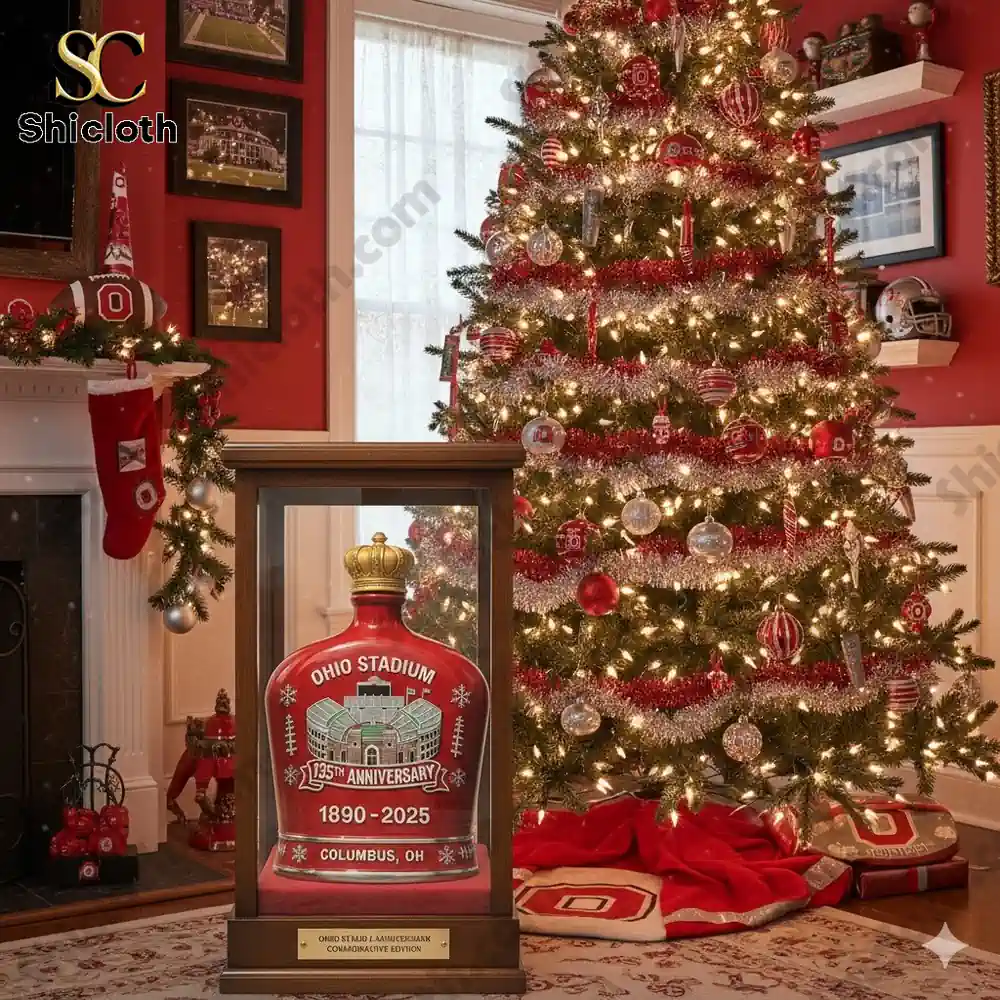 Ohio Stadium 135th Anniversary bottle in display case next to Christmas tree
