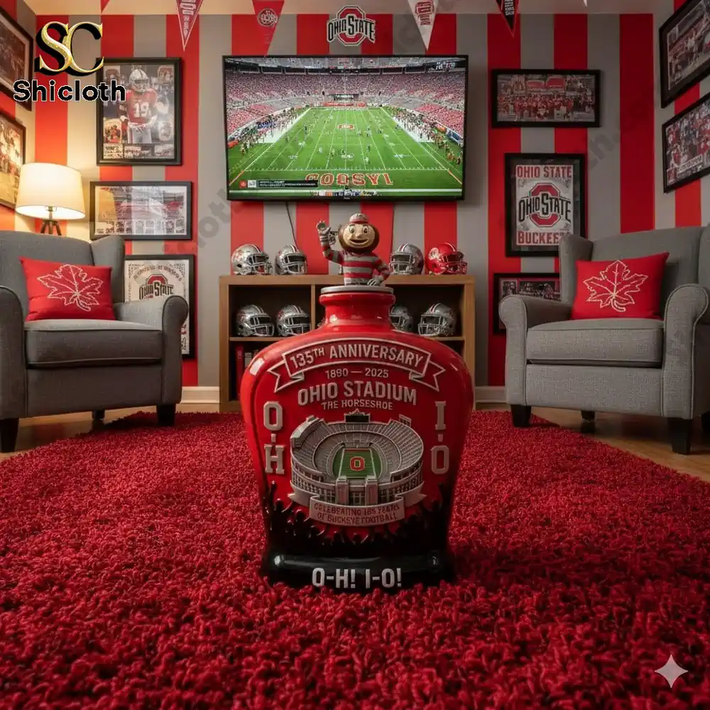 Ohio Stadium 135th Anniversary whiskey bottle displayed in a fan's room with Ohio State memorabilia and a game on TV.