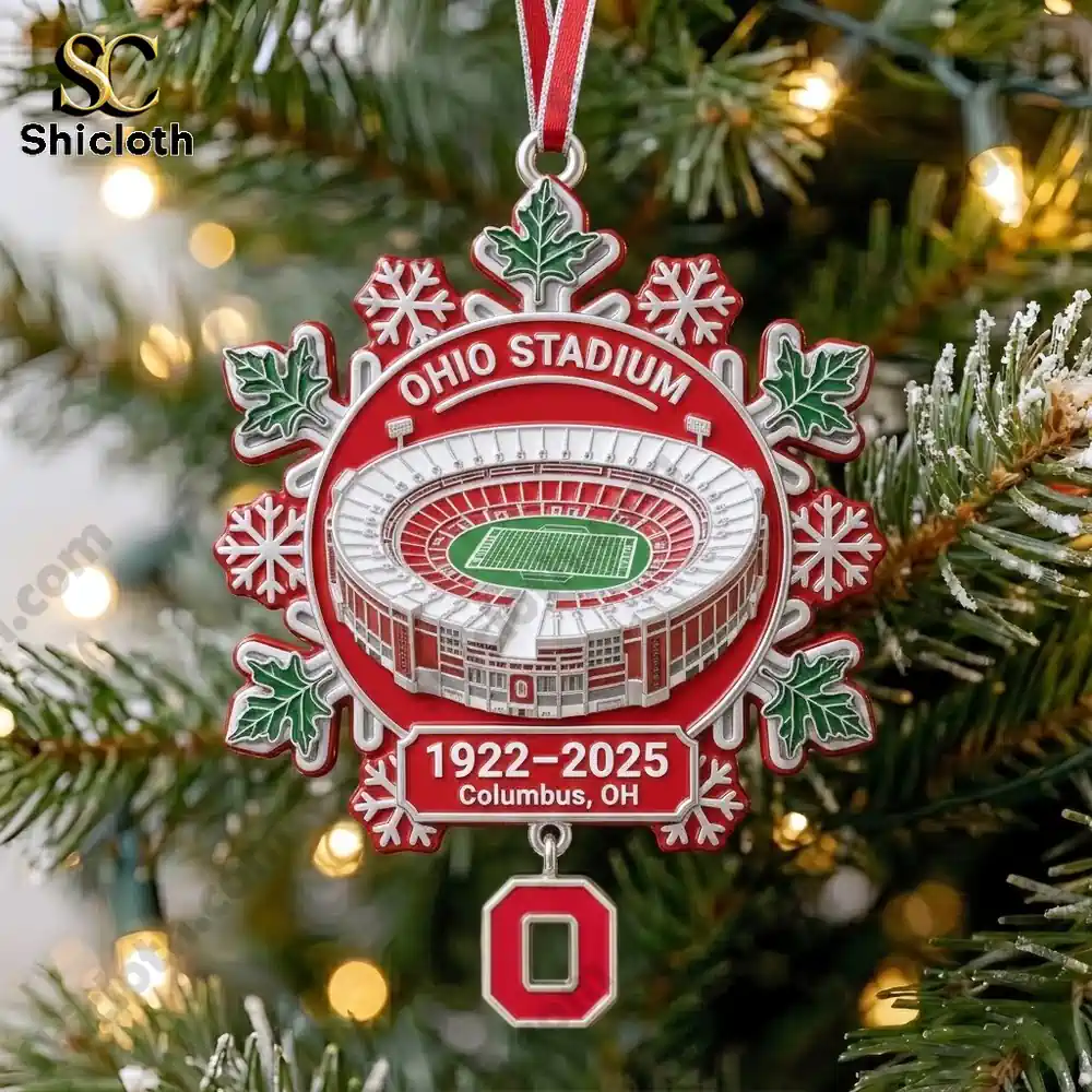 Close up of stadium themed Christmas ornament hanging on a tree branch!