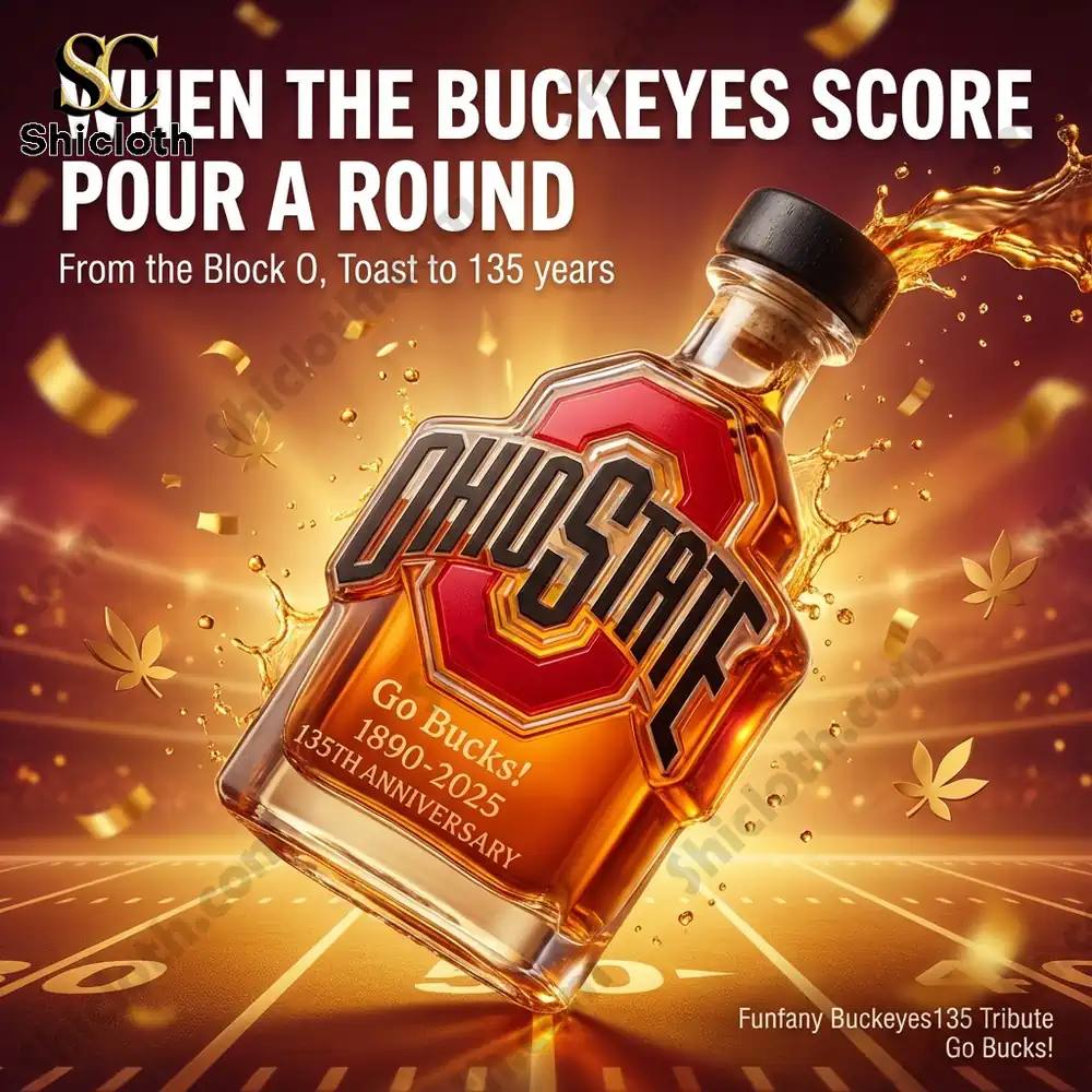 Ohio State Buckeyes 135 Tribute whiskey bottle with a celebratory splash, celebrating 135 years of Buckeyes football.