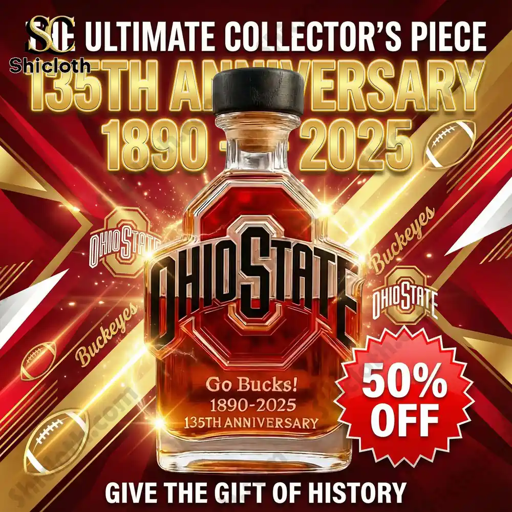 Ohio State Buckeyes 135 Tribute whiskey bottle with a collector’s label and 50% off promotion.