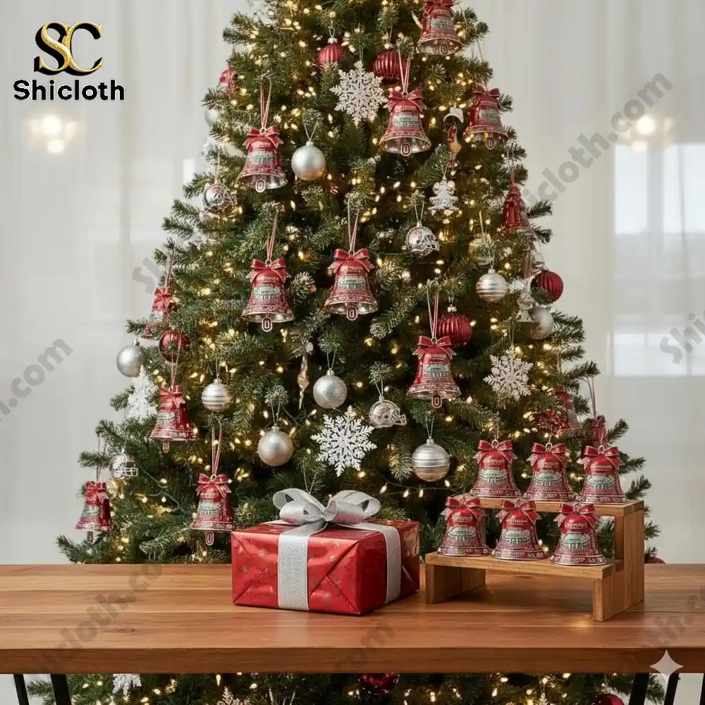 Christmas tree decorated with red stadium themed bell ornaments and lights!