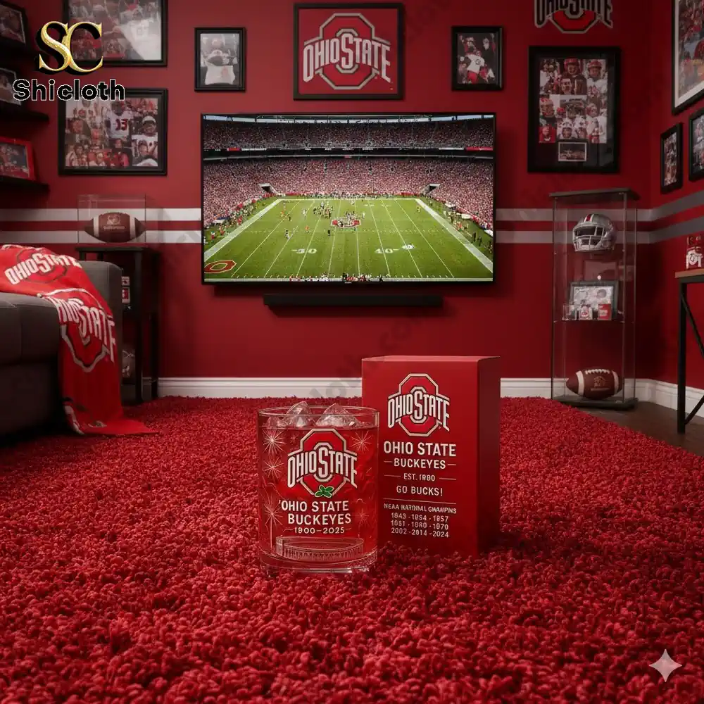 Ohio State Buckeyes collectible glass in a themed home viewing room!