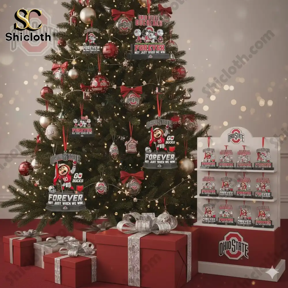 A Christmas tree decorated with Ohio State themed ornaments with gifts below!