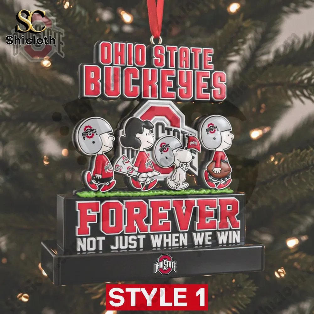 An ornament showing cartoon characters in Ohio State gear with a Forever message!
