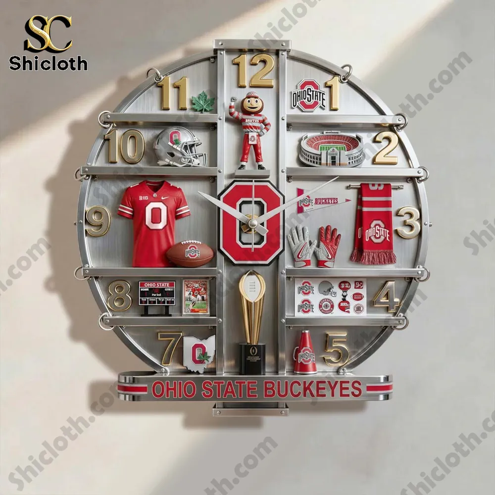 Ohio State Buckeyes wall clock with team memorabilia displayed on a metal frame!