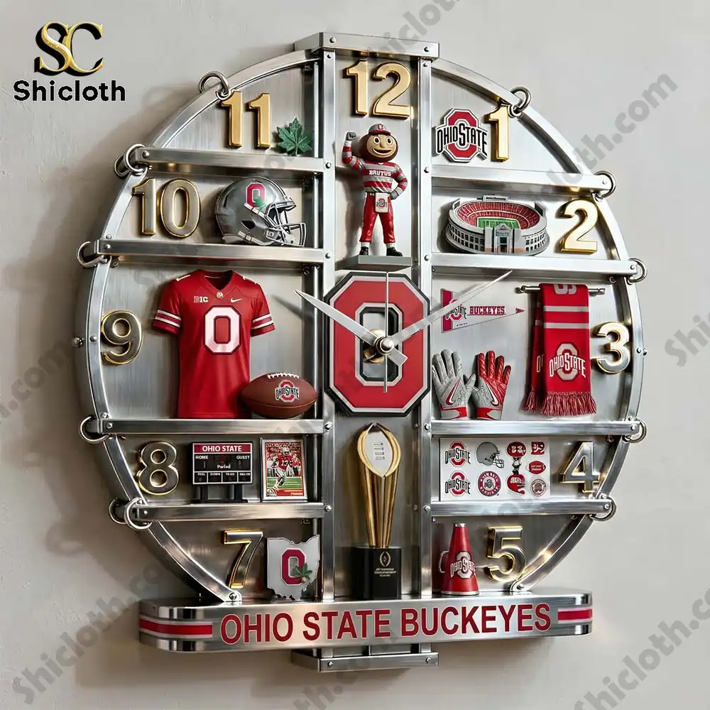 Ohio State Buckeyes wall clock filled with football themed memorabilia and mascot!