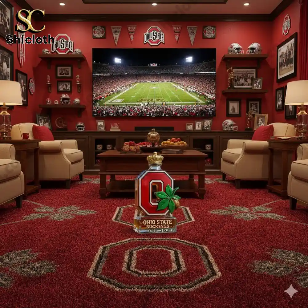 Close-up of the Ohio State Buckeyes Limited Edition Whiskey Bottle in its display box.