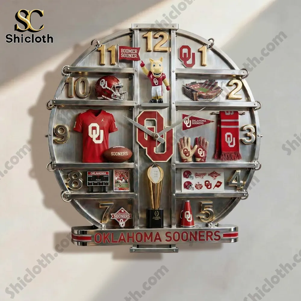 A decorative Oklahoma Sooners themed wall clock with team memorabilia displayed inside!