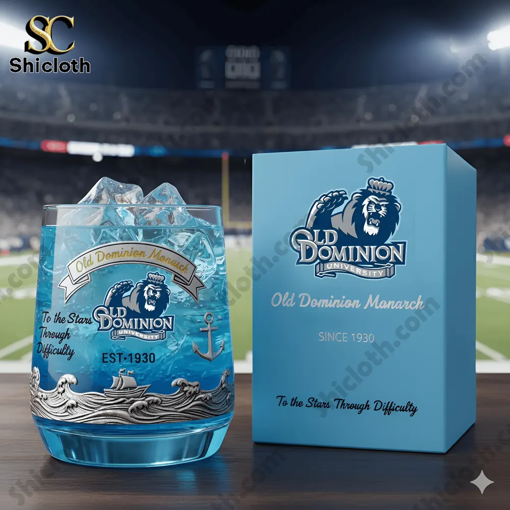 Old Dominion Monarch whiskey glass with blue drink and branded box on stadium table!