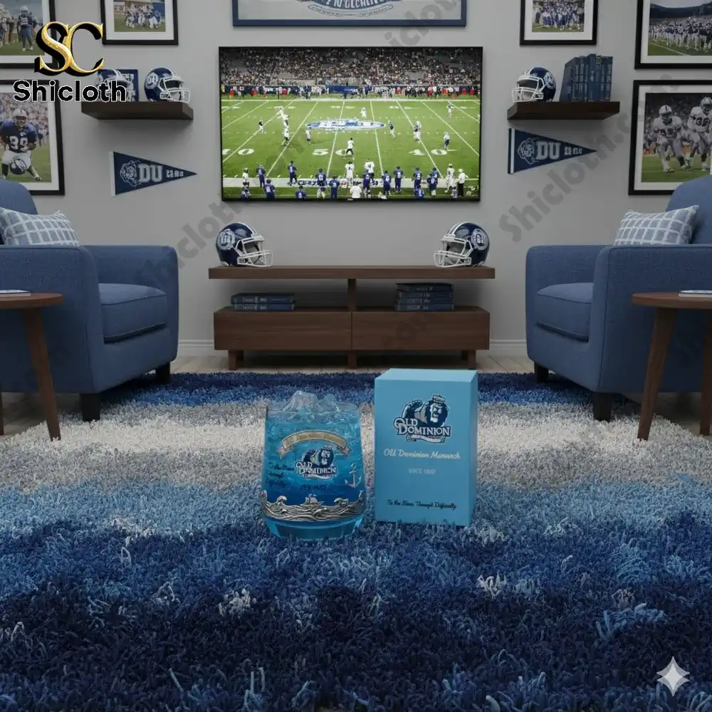 Old Dominion Monarch whiskey glass and box displayed in football themed living room!