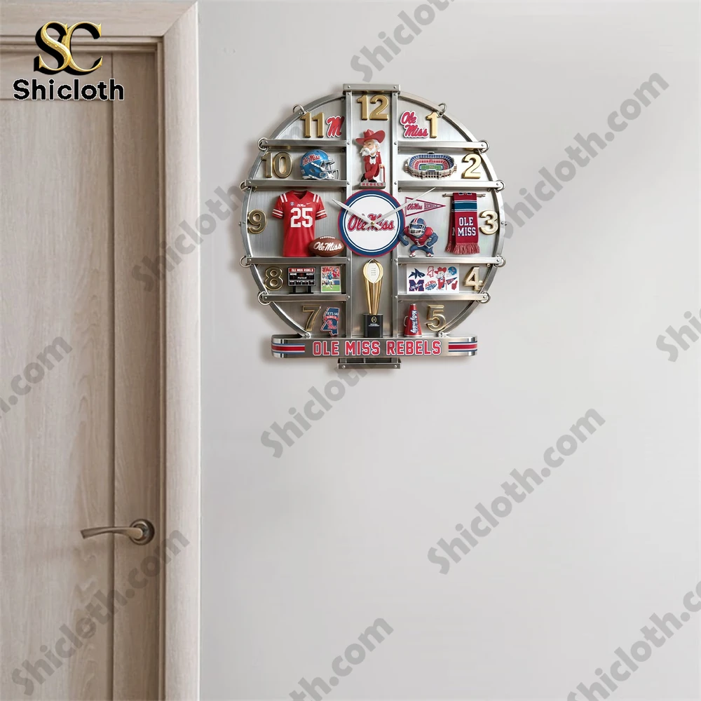 A large Ole Miss themed wall clock displayed near a doorway filled with team memorabilia.
