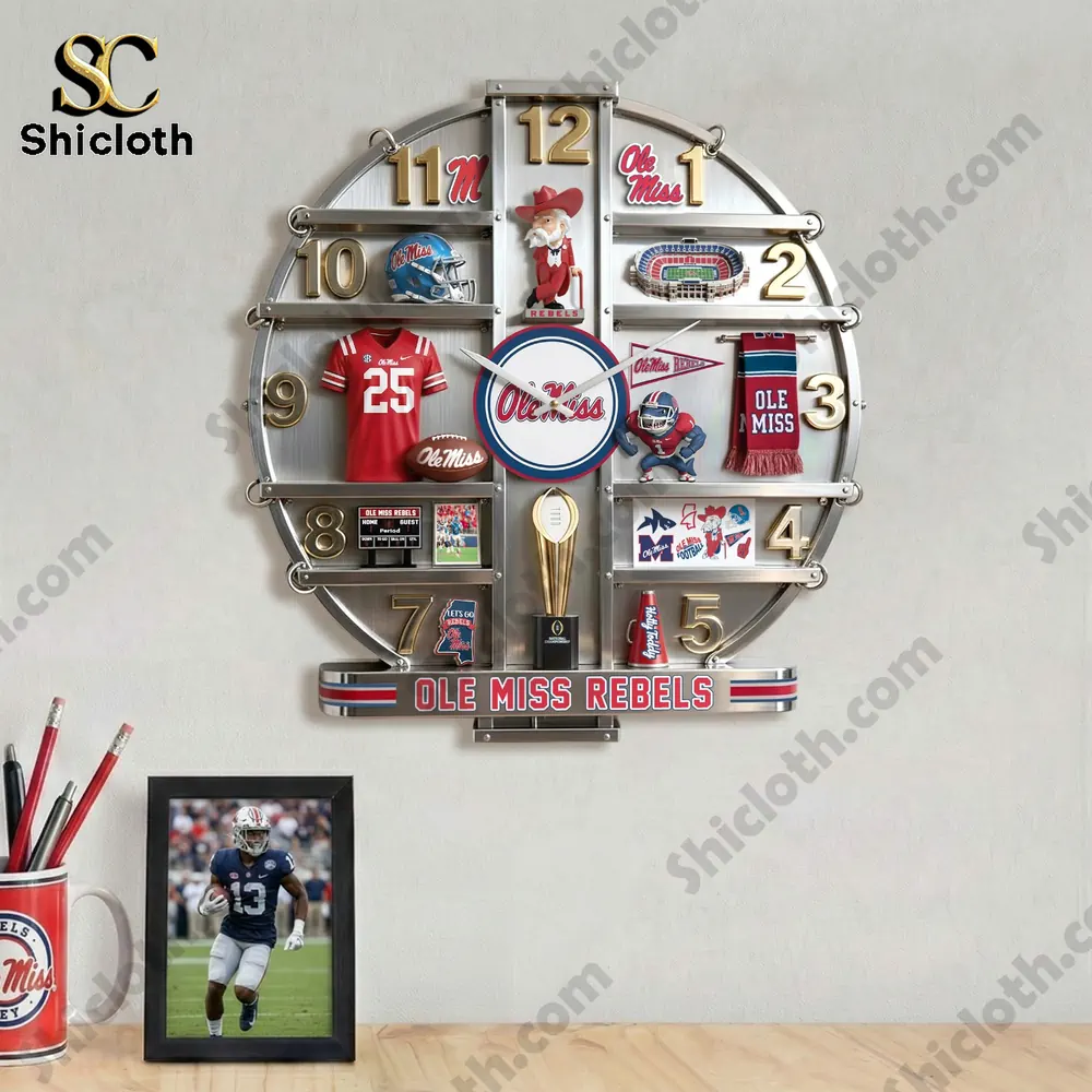 An Ole Miss themed display clock on a study wall featuring sports memorabilia and a central logo.