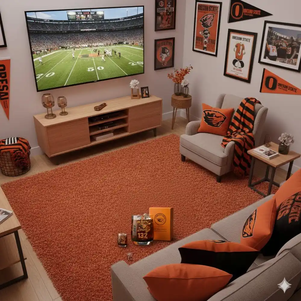 A living room decorated in Oregon State colors with a commemorative glass set on an orange rug table area!