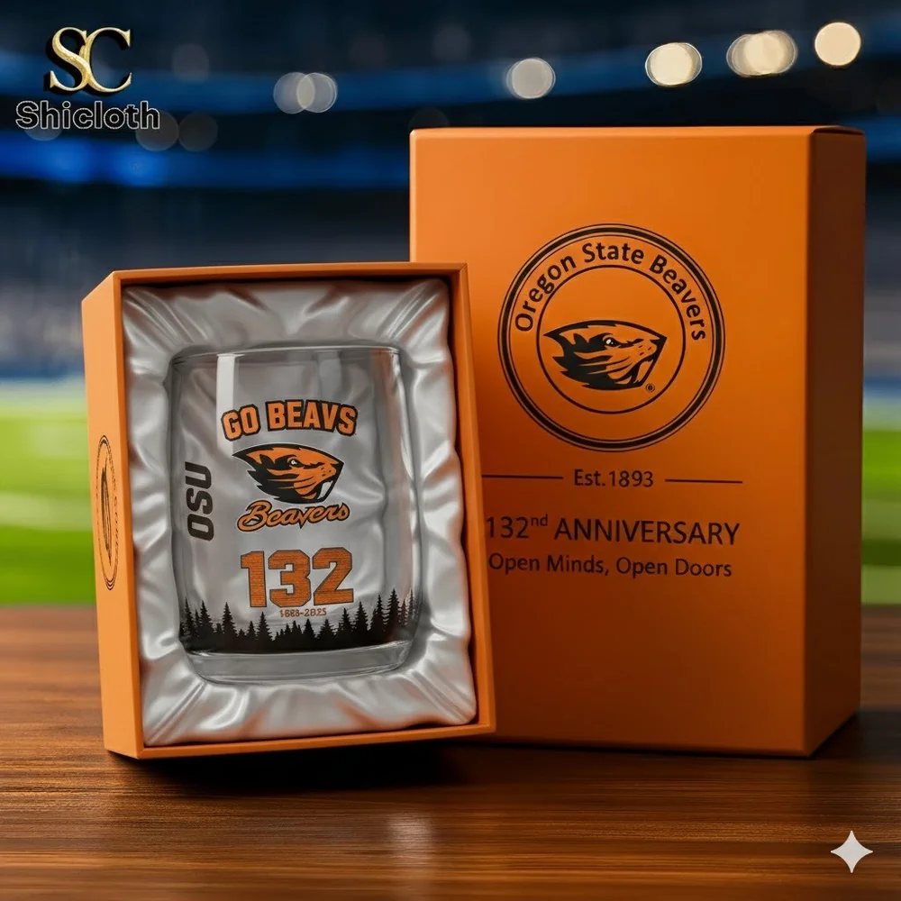 A boxed Oregon State Beavers commemorative glass marking the one hundred thirty second anniversary!