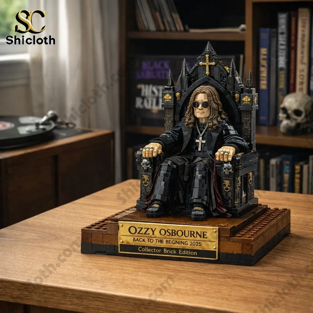 Ozzy Osbourne brick model sitting on a gothic throne placed on a wooden desk