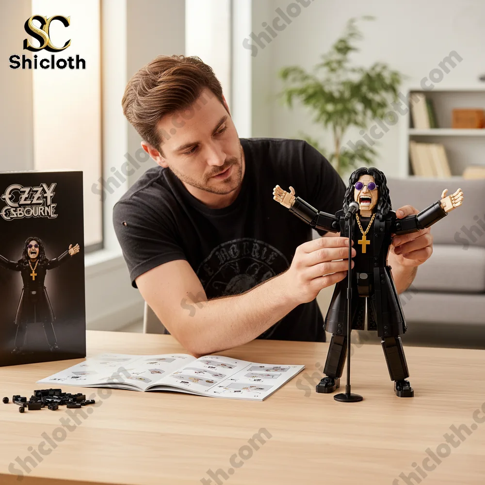 Ozzy Prince of Darkness Collector Brick Set 4 Collector assembling a rock singer figure on a table with instruction booklet!