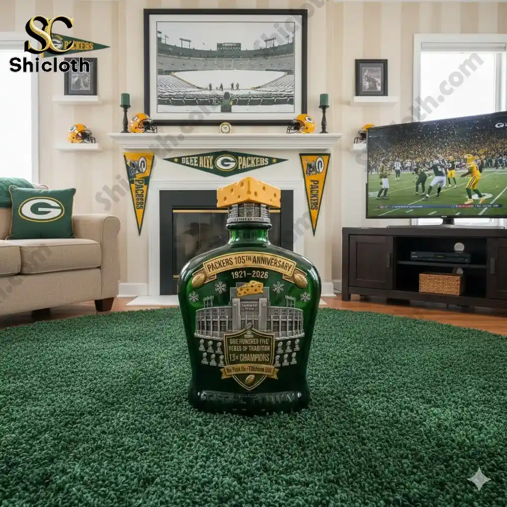 Packers anniversary whiskey bottle displayed in fan living room!