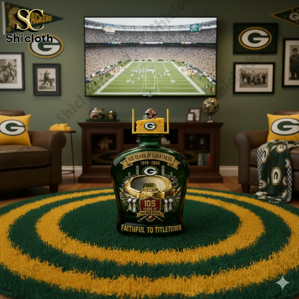 Green Bay Packers whiskey decanter displayed in a themed living room!