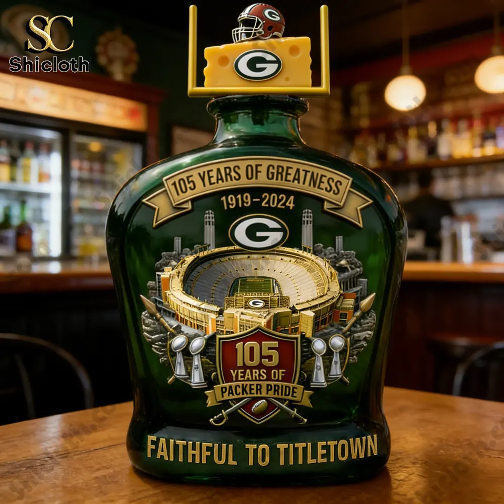 Green Bay Packers whiskey decanter close up on wooden bar!