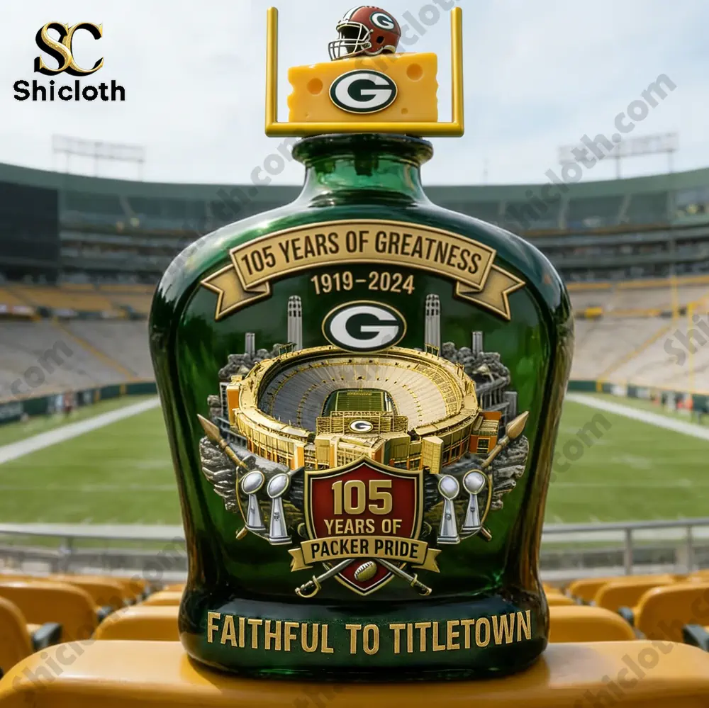 Packers 105th Anniversary Whiskey Bottle 3 Green Bay Packers whiskey decanter inside football stadium!