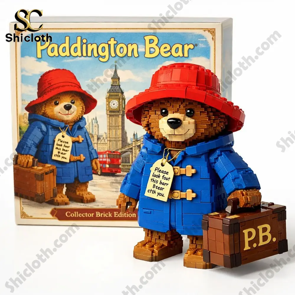 A brick figure of a bear in a blue coat and red hat holding a suitcase in front of a product box.