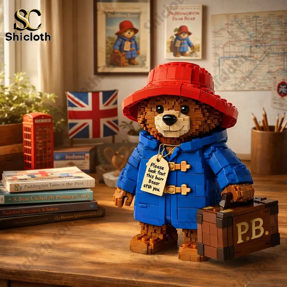 A brick figure of a bear in a blue coat and red hat standing on a desk with London themed decor.