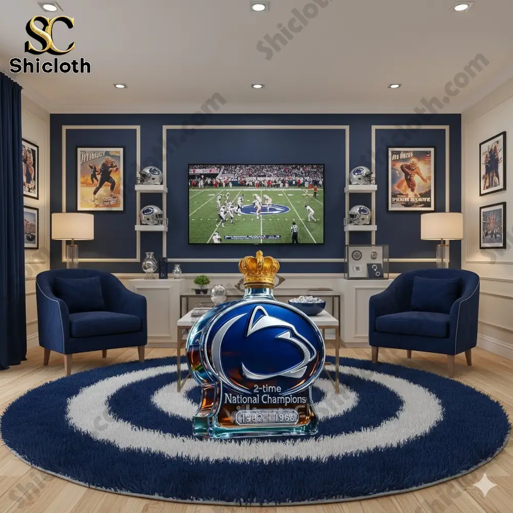 Penn State Nittany Lions 2-time National Champions whiskey bottle in a football-themed room with a TV showing a game.