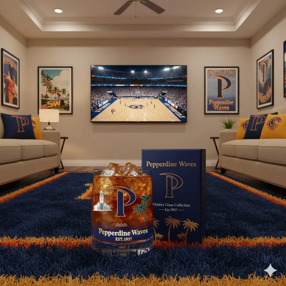 A Pepperdine Waves whiskey glass placed on a carpet in a sports themed living room with a basketball game on a TV screen!