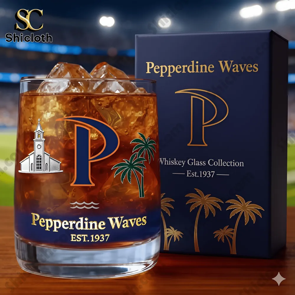 Pepperdine Waves whiskey glass with ice and branded gift box