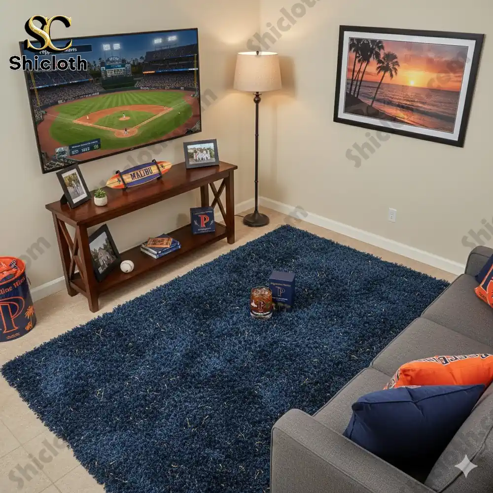 Pepperdine Waves themed living room with whiskey glass display