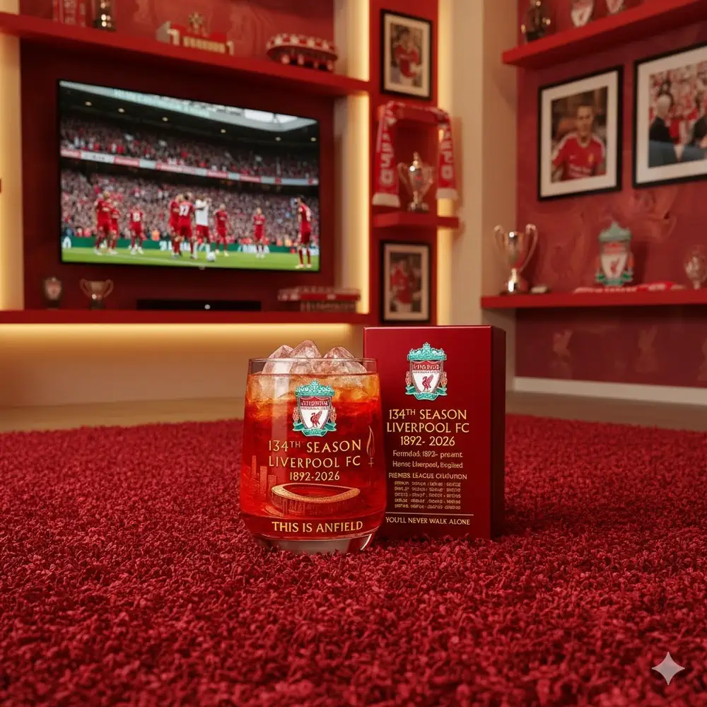 A Liverpool FC season glass with ice is placed on a red carpet in a fan room with a match playing on a television!
