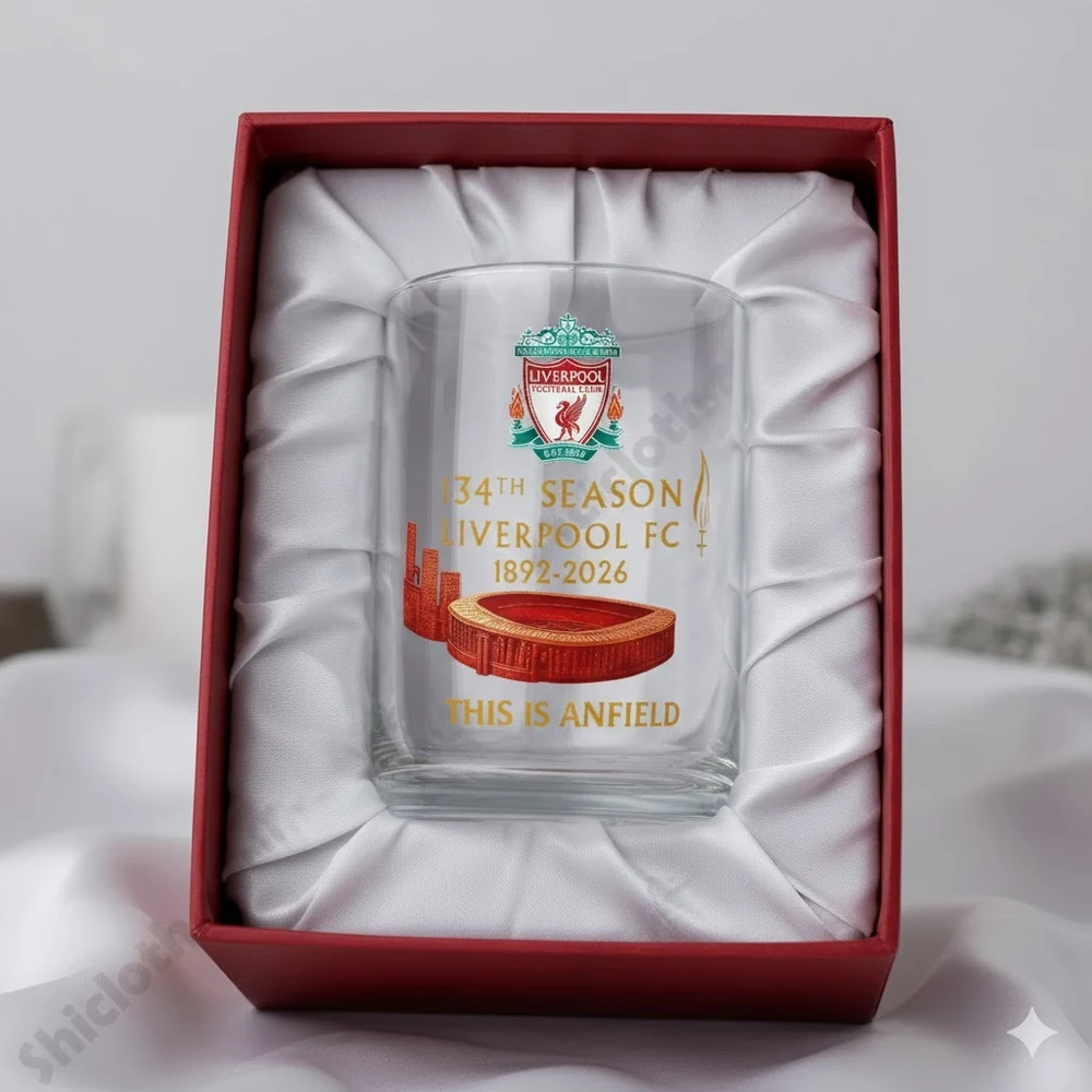 A Liverpool FC season glass displayed in a cushioned gift box!