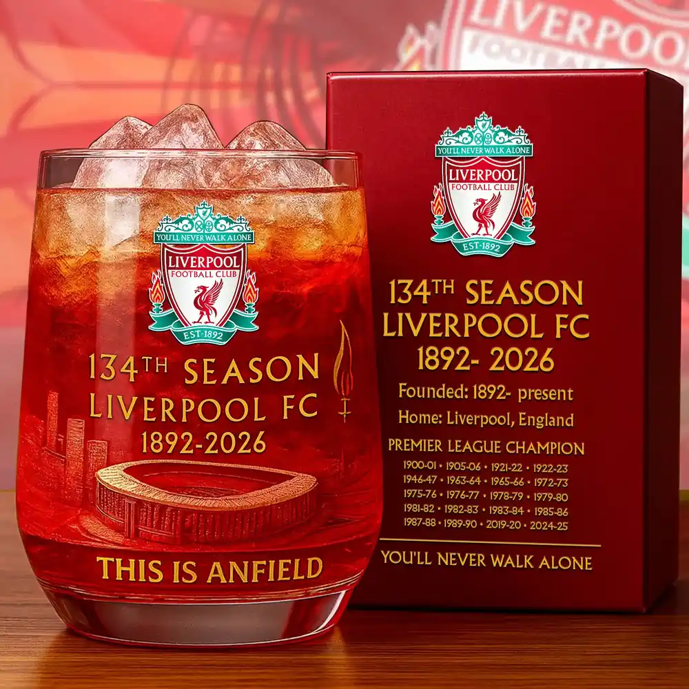 Personalized Liverpool 134 Years Anniversary Christmas Whiskey Glass 3 A Liverpool FC season glass with ice beside a matching red box printed with club details!